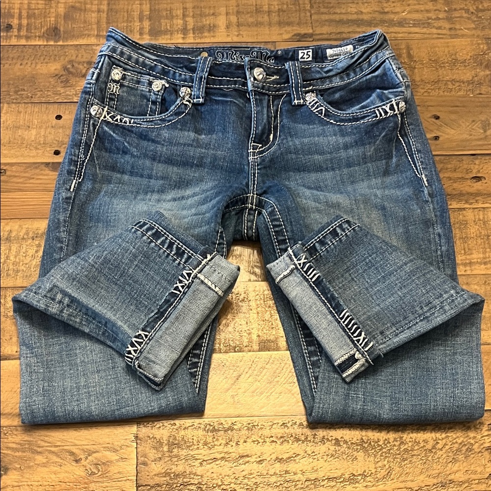 Miss Me Classic Denim Straight Leg Long Cuffed Capri Jeans